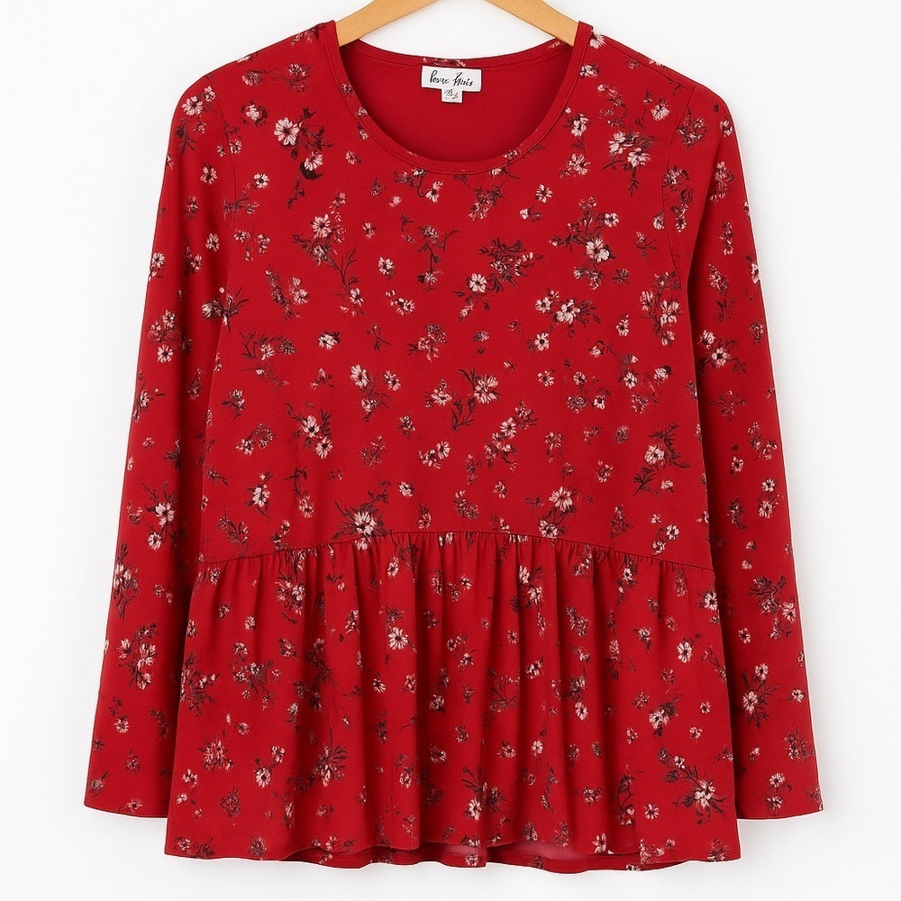 Love Fire Red Floral Peplum Long Sleeve Top Size 1X